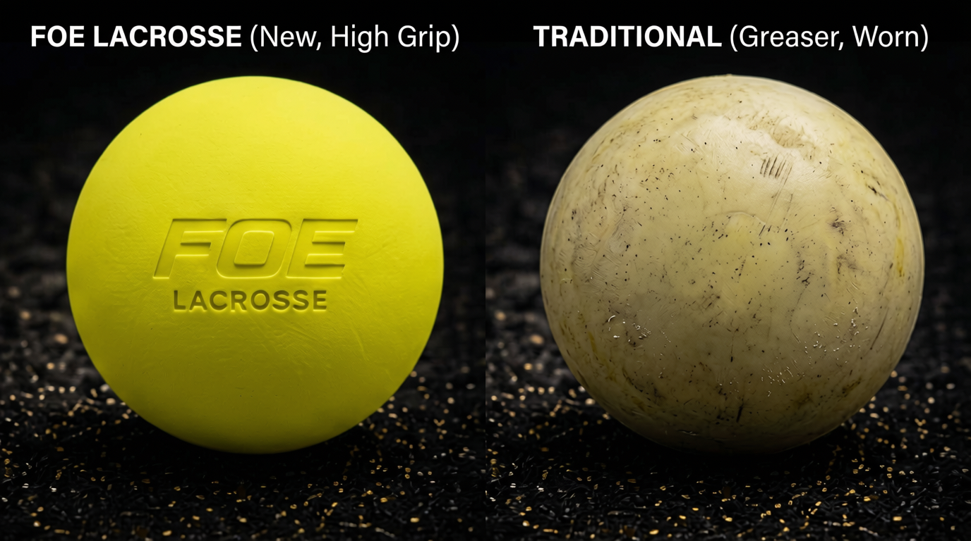 FOE Lacrosse ball (new, high grip) vs traditional lacrosse ball (greaser, worn)